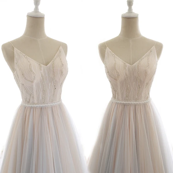 Luxe Beige Robe De Soirée 2020 Princesse Bretelles Spaghetti Perlage En Dentelle Fleur Paillettes Sans Manches Dos Nu Noeud Longue Robe De Ceremonie