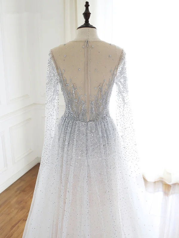 Luxury / Gorgeous Grey Handmade  Beading Wedding Dresses 2020 A-Line / Princess Scoop Neck Rhinestone Sequins Long Sleeve Court Train