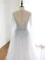 Luxury / Gorgeous Grey Handmade  Beading Wedding Dresses 2020 A-Line / Princess Scoop Neck Rhinestone Sequins Long Sleeve Court Train