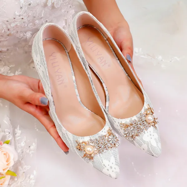 Charming Red Wedding Shoes 2020 Pearl Rhinestone Flower Lace 9 cm Stiletto Heels Pointed Toe Wedding Pumps