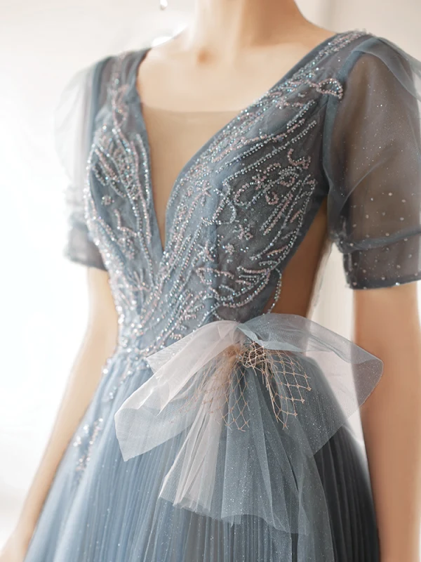 Fashion Sky Blue Prom Dresses Evening Dresses  2021 A-Line / Princess U-Neck Beading Rhinestone Short Sleeve Backless Floor-Length / Long Formal Dresses