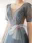 Fashion Sky Blue Prom Dresses Evening Dresses  2021 A-Line / Princess U-Neck Beading Rhinestone Short Sleeve Backless Floor-Length / Long Formal Dresses