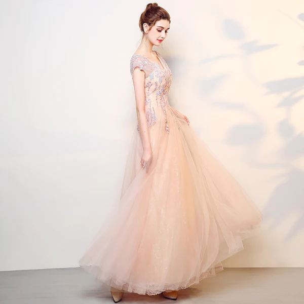 Elegant Pearl Pink Prom Dresses 2018 A-Line / Princess Lace Flower Pearl V-Neck Backless Sleeveless Floor-Length / Long Formal Dresses