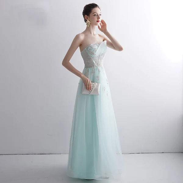 Classy Mint Green Evening Dresses 2020 A-Line / Princess Strapless Beading Lace Flower Sleeveless Backless Floor-Length / Long Formal Dresses