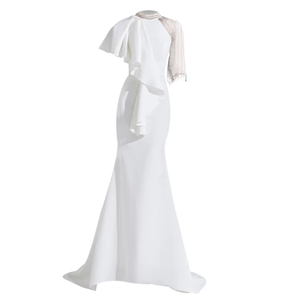 Fashion White Evening Dresses 2020 Trumpet / Mermaid Scoop Neck Beading Short Sleeve Sweep Train Formal Dresses