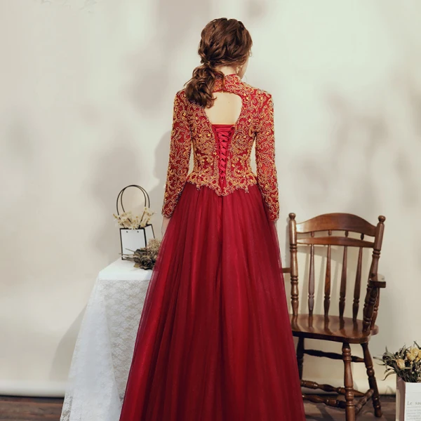 Elegant Burgundy Prom Dresses 2020 A-Line / Princess High Neck Beading Rhinestone Sequins 3/4 Sleeve Backless Floor-Length / Long Formal Dresses