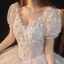 Victorian Style Ivory Lace Flower Wedding Dresses 2021 V-Neck Short Sleeve Backless Royal Train Wedding