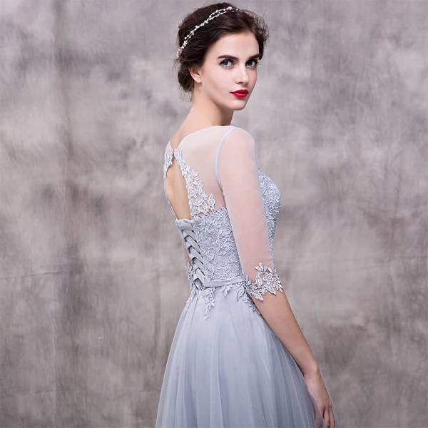 Chic / Beautiful Grey Evening Dresses 2018 A-Line / Princess Lace Flower Sash Scoop Neck Backless 3/4 Sleeve Floor-Length / Long Formal Dresses