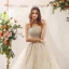Charmant Champagne Robe De Mariée 2020 Princesse Bustier Perlage Paillettes En Dentelle Fleur Dos Nu Volants Manches Longues Cathedral Train