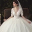 Elegant Ivory Wedding Dresses 2020 Ball Gown Deep V-Neck Pearl Lace Flower Appliques Short Sleeve Backless Cathedral Train