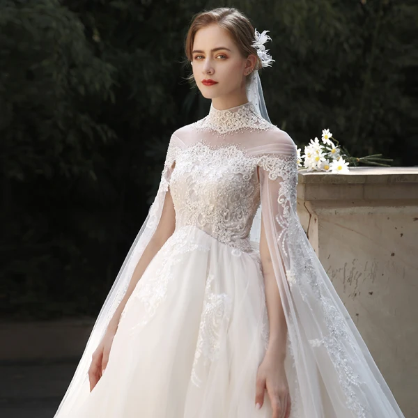 Vintage / Retro Ivory Pregnant Bridal Wedding Dresses 2020 Ball Gown High Neck Beading Appliques Lace Flower Pearl 1/2 Sleeves Backless Watteau Train