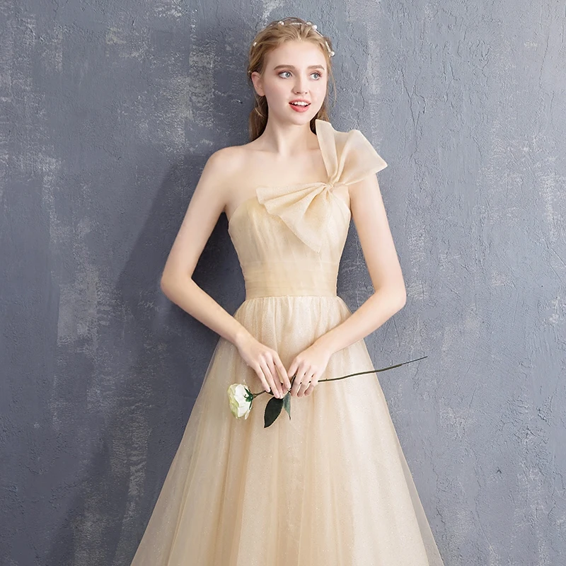 Modest Simple Champagne Bridesmaid Dresses 2018 A Line Princess Bow One  Shoulder Backless Sleeveless Floor Length Long Wedding Party Dresses
