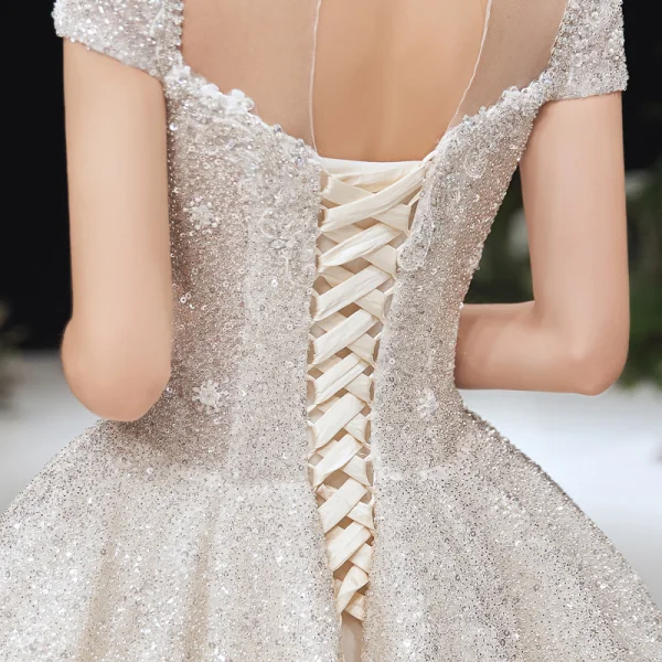Luxury / Gorgeous Ivory 2020 Wedding Dresses Ball Gown Scoop Neck Beading Lace Pearl Rhinestone Sequins Short Sleeve Backless Court Train