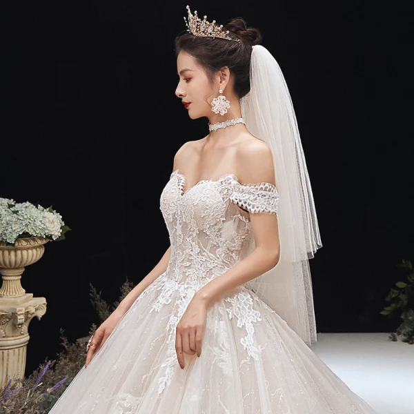 Charming Champagne Wedding Dresses 2020 A-Line / Princess Off-The-Shoulder Lace Flower Sleeveless Backless Cathedral Train