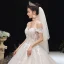 Charming Champagne Wedding Dresses 2020 A-Line / Princess Off-The-Shoulder Lace Flower Sleeveless Backless Cathedral Train