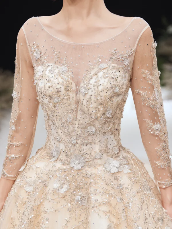 Haut de Gamme Champagne Robe De Mariée 2020 Princesse Encolure Dégagée Perlage Faux Diamant En Dentelle Fleur Manches Longues Dos Nu Cathedral Train