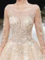 Haut de Gamme Champagne Robe De Mariée 2020 Princesse Encolure Dégagée Perlage Faux Diamant En Dentelle Fleur Manches Longues Dos Nu Cathedral Train