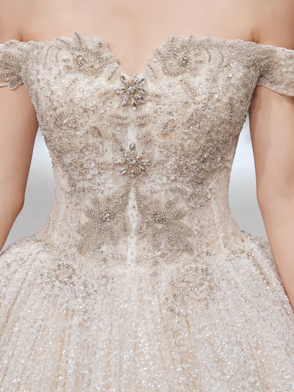 Luxury / Gorgeous Champagne Glitter Wedding Dresses 2020 Ball Gown Off-The-Shoulder Beading Rhinestone Lace Flower Sleeveless Backless Cathedral Train