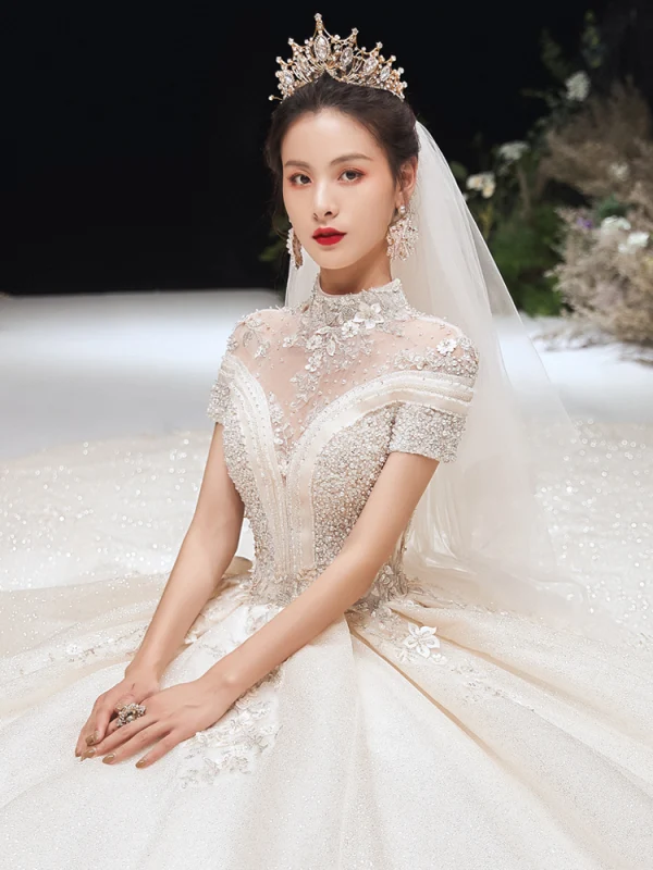 Luxury / Gorgeous Champagne Glitter Wedding Dresses 2020 Ball Gown High Neck Beading Rhinestone Sequins Appliques Short Sleeve Backless Royal Train