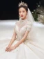 Luxury / Gorgeous Champagne Glitter Wedding Dresses 2020 Ball Gown High Neck Beading Rhinestone Sequins Appliques Short Sleeve Backless Royal Train