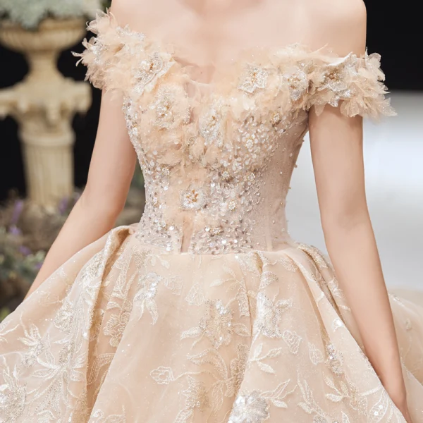 Luxury / Gorgeous Champagne Wedding Dresses 2020 Ball Gown Off-The-Shoulder Beading Sequins Rhinestone Pearl Lace Flower Short Sleeve Backless Royal Train