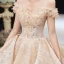Luxury / Gorgeous Champagne Wedding Dresses 2020 Ball Gown Off-The-Shoulder Beading Sequins Rhinestone Pearl Lace Flower Short Sleeve Backless Royal Train
