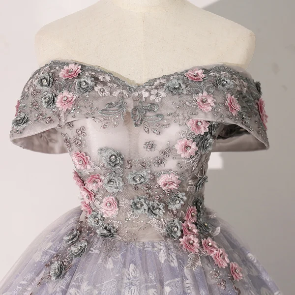 Elegant Flower Fairy Silver Grey Prom Dresses 2020 Ball Gown Off-The-Shoulder Rhinestone Lace Flower Short Sleeve Backless Floor-Length / Long Formal Dresses