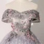 Elegant Flower Fairy Silver Grey Prom Dresses 2020 Ball Gown Off-The-Shoulder Rhinestone Lace Flower Short Sleeve Backless Floor-Length / Long Formal Dresses