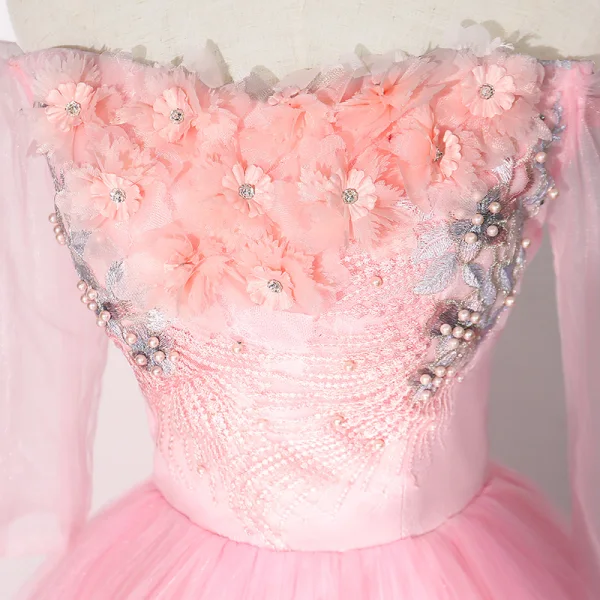 Flower Fairy Candy Pink Prom Dresses 2020 Ball Gown Off-The-Shoulder Pearl Rhinestone Appliques Lace Flower 1/2 Sleeves Backless Floor-Length / Long Formal Dresses