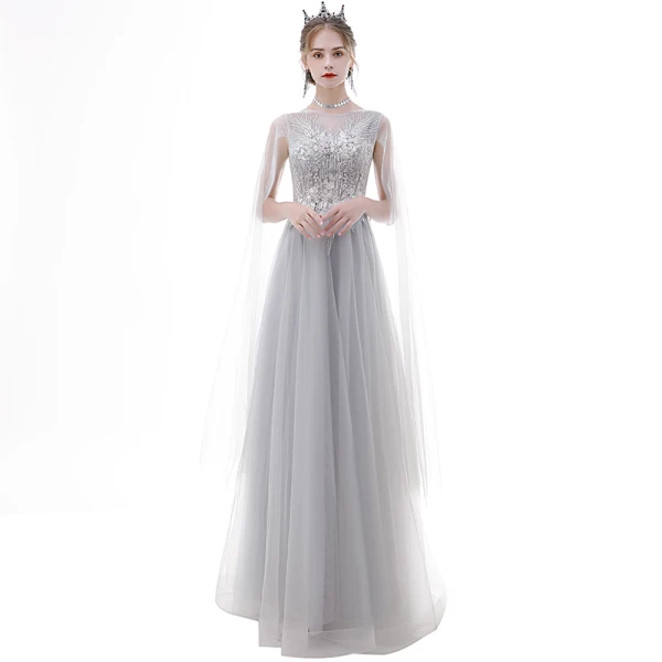 Classy Grey Prom Dresses 2020 A-Line / Princess Scoop Neck Pearl Rhinestone Sequins Lace Flower Short Sleeve Backless Floor-Length / Long Formal Dresses