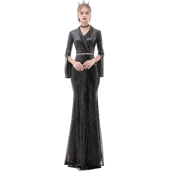 Scintillantes Noire Robe De Soirée 2020 Trompette / Sirène V-Cou Ceinture Paillettes Manches Longues Longue Robe De Ceremonie