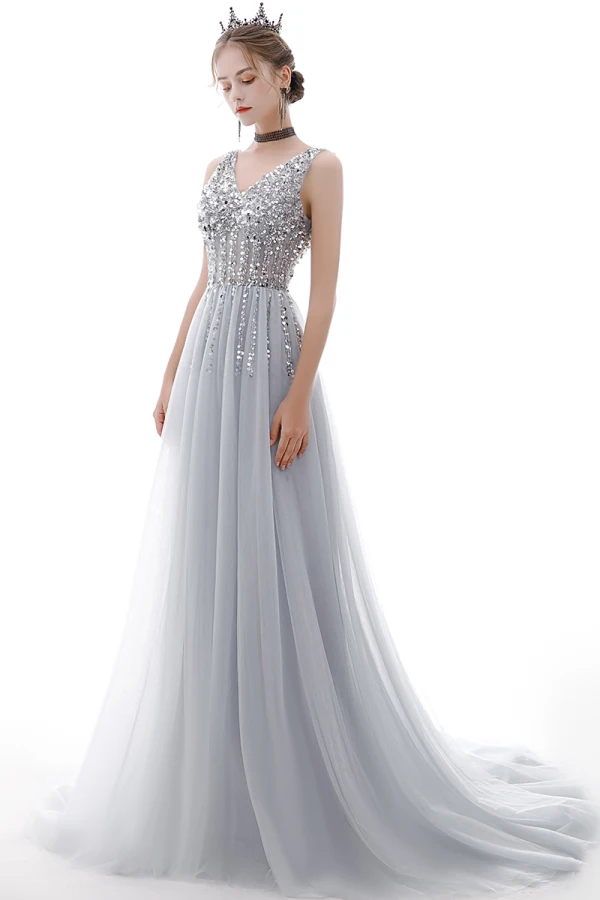 Charmant Argenté Robe De Soirée 2020 Princesse V-Cou Perlage Paillettes Sans Manches Dos Nu Train De Balayage Robe De Ceremonie