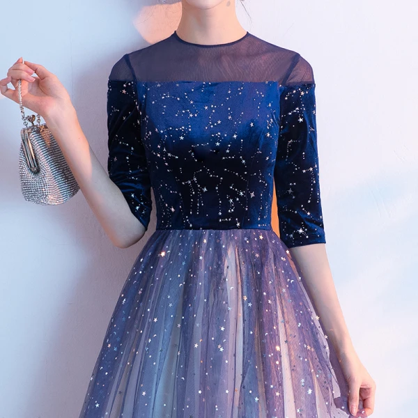 Fashion Sparkly Royal Blue Evening Dresses 2020 A-Line / Princess Scoop Neck Suede Lace Star Sequins 1/2 Sleeves Floor-Length / Long Formal Dresses
