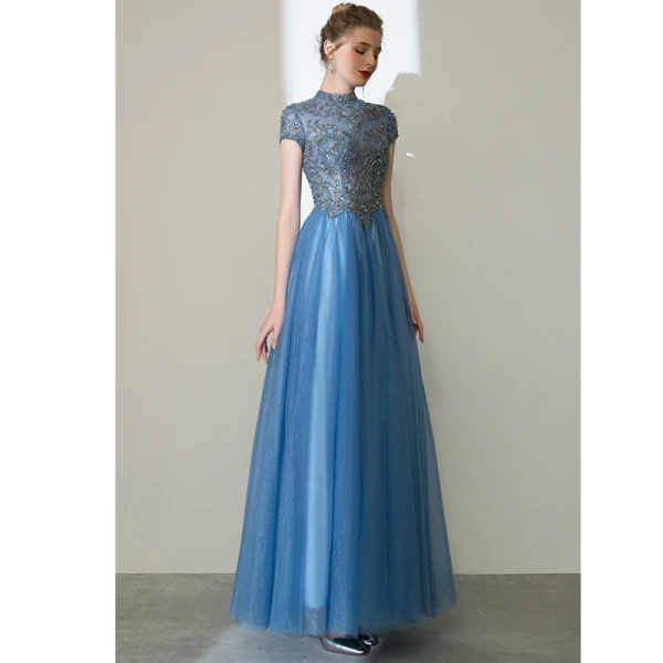 Elegant Pool Blue Prom Dresses 2020 A-Line / Princess High Neck Beading Rhinestone Short Sleeve Backless Floor-Length / Long Formal Dresses