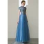 Elegant Pool Blue Prom Dresses 2020 A-Line / Princess High Neck Beading Rhinestone Short Sleeve Backless Floor-Length / Long Formal Dresses