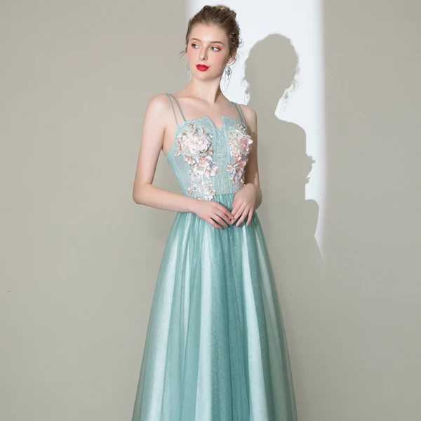 Charming Mint Green Prom Dresses 2020 A-Line / Princess Spaghetti Straps Pearl Rhinestone Lace Flower Sleeveless Backless Floor-Length / Long Formal Dresses