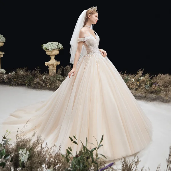Charming Champagne Wedding Dresses 2020 Ball Gown Off-The-Shoulder Beading Lace Flower Sleeveless Backless Chapel Train