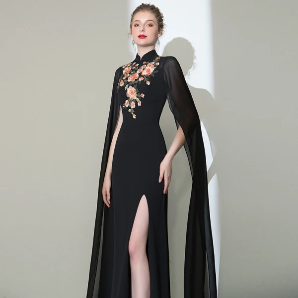 Style Chinois Noire Robe De Soirée 2020 Trompette / Sirène Col Haut Appliques En Dentelle Manches Courtes Fendue devant Longue Robe De Ceremonie