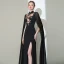 Style Chinois Noire Robe De Soirée 2020 Trompette / Sirène Col Haut Appliques En Dentelle Manches Courtes Fendue devant Longue Robe De Ceremonie