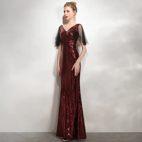 Scintillantes Bordeaux Paillettes Robe De Soirée 2020 Trompette / Sirène V-Cou Manches Courtes Dos Nu Longue Robe De Ceremonie