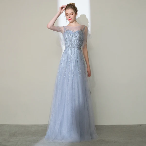 High-end Silver Handmade Evening Dresses 2020 A-Line / Princess Scoop Neck Beading Rhinestone Sequins Short Sleeve Floor-Length / Long Formal Dresses