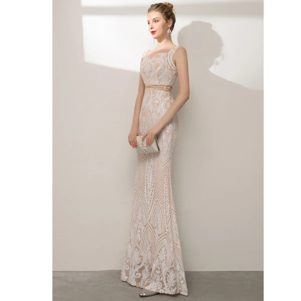Charmant Scintillantes Champagne Robe De Soirée 2020 Trompette / Sirène Encolure Carrée Perlage Paillettes Faux Diamant Dos Nu Sans Manches Longue Robe De Ceremonie
