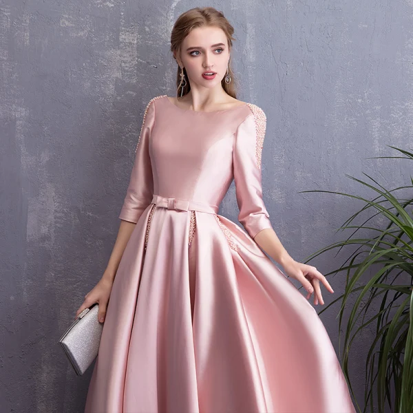 Chic / Beautiful Candy Pink Evening Dresses  2018 A-Line / Princess Bow Pearl Scoop Neck Backless 3/4 Sleeve Floor-Length / Long Formal Dresses