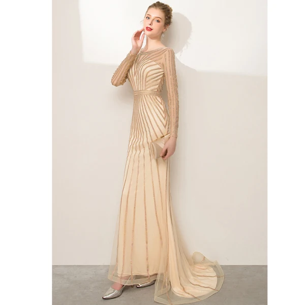 High-end Champagne Rhinestone Evening Dresses  2020 Trumpet / Mermaid Scoop Neck Long Sleeve Floor-Length / Long Formal Dresses