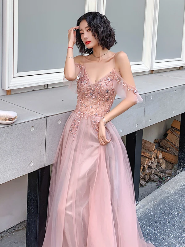 Sexy Rosa Abendkleider 2020 A Linie Spaghettiträger Perlenstickerei Perle Strass Pailletten Ärmellos Rückenfreies Gespaltete Front Lange Festliche Kleider