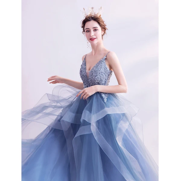 Elegant Pool Blue Prom Dresses 2020 A-Line / Princess Spaghetti Straps Rhinestone Sequins Lace Flower Sleeveless Backless Cascading Ruffles Floor-Length / Long Formal Dresses