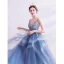 Elegant Pool Blue Prom Dresses 2020 A-Line / Princess Spaghetti Straps Rhinestone Sequins Lace Flower Sleeveless Backless Cascading Ruffles Floor-Length / Long Formal Dresses