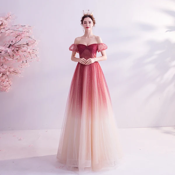 Charmant Bordeaux Dégradé De Couleur Glitter Robe De Bal 2020 Princesse De l'épaule Cristal Paillettes Manches Courtes Dos Nu Longue Robe De Ceremonie