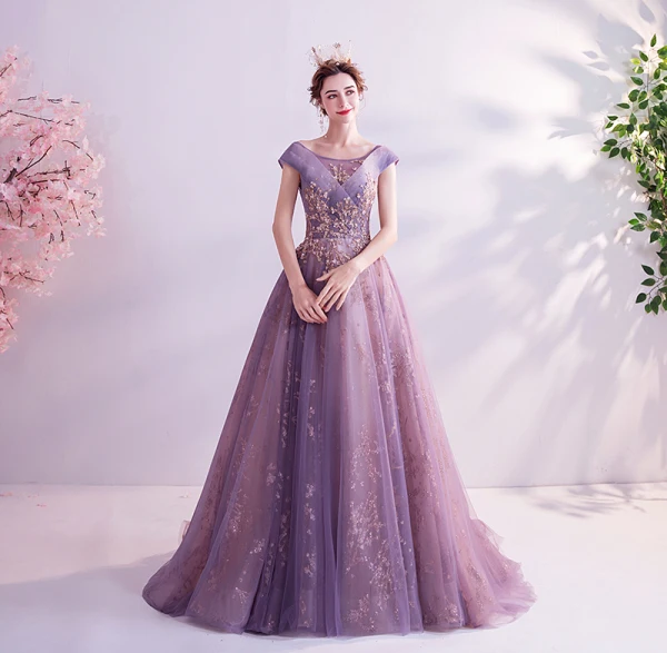 Fashion Purple Glitter Prom Dresses 2020 A-Line / Princess Scoop Neck Sequins Pearl Rhinestone Lace Flower Sleeveless Backless Sweep Train