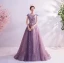 Fashion Purple Glitter Prom Dresses 2020 A-Line / Princess Scoop Neck Sequins Pearl Rhinestone Lace Flower Sleeveless Backless Sweep Train